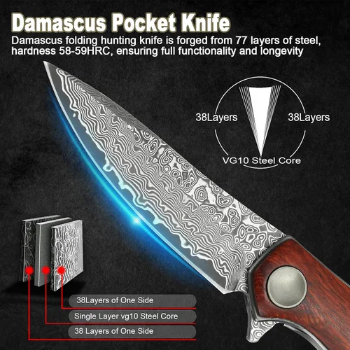 Vista 2 de Cuchillo de bolsillo plegable de Damasco AUBEY hecho a mano con clip para hombres, cuchillo de caza de Damasco EDC con bloqueo de vástago