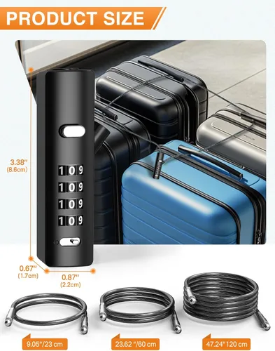 Vista 3 de Candado de Cable de Combinación de 4 Dígitos con 3 Cables de Acero (9"/24"/47") - Reinicio Seguro Solo con Código Actual - para Bicicleta, Equipaje