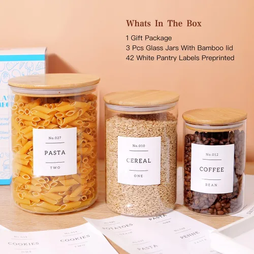 Vista 2 de 3 recipientes de vidrio con tapas herméticas de bambú y 42 etiquetas de despensa de cocina preimpresas, juego de recipientes de almacenamiento