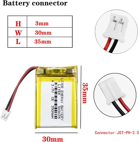 Vista 2 de Litro 3.7V 350mAh 303035 Lipo batería recargable de iones de litio con conector JST 0.079 in