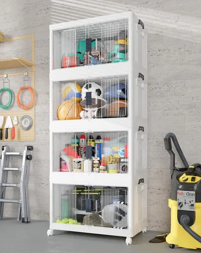 Vista 14 de OlarHike 48QT Contenedores de almacenamiento apilables con tapas, caja de almacenamiento plegable con puertas y ruedas, contenedores de plástico