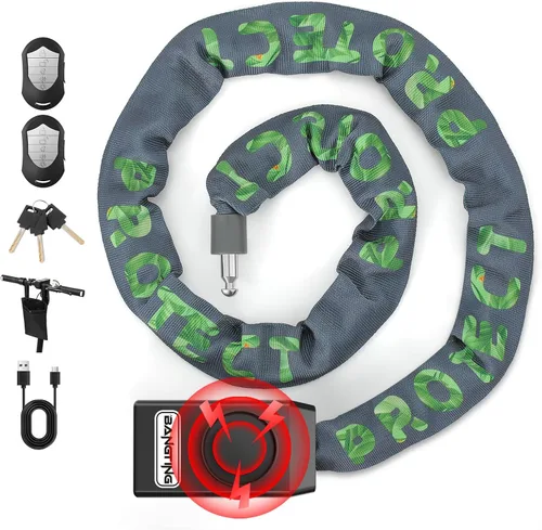 Vista 8 de BANGTING Candado de cadena de bicicleta de 4 pies resistente con alarma de 110 dB, cerradura de bicicleta resistente antirrobo con llave para Negro