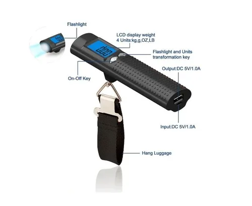 Vista 3 de Electrons Báscula digital recargable para equipaje, cargador portátil de 2600 mAh y linterna LED