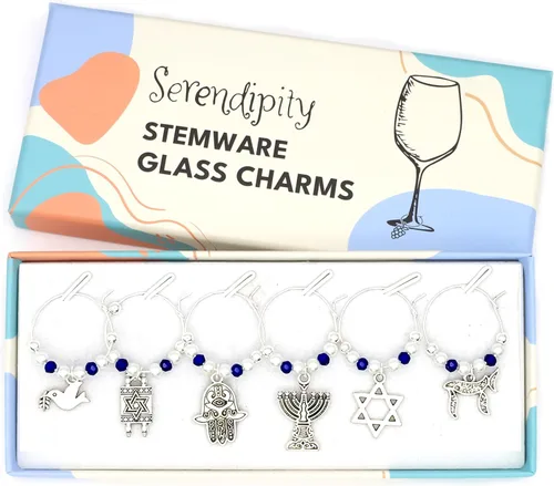 Serendipity Dijes para Copas de Vino de Temática Judía, Regalo de Anfitriona de Hanukkah, Menorá Plateada, Chai y Estrella de David, Pascua, Shabat,