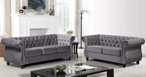 Vista 3 de Container Furniture Direct Feinstein - Sofá Chesterfield de terciopelo moderno para sala de estar con cabezas de clavos, acolchado de diamante y Gris