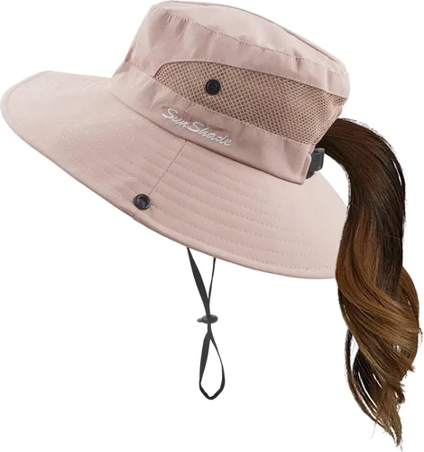 Vista 9 de Sombrero de verano para mujer, ala ancha, protección UV, plegable, para cola de caballo, para playa, pesca, senderismo Verde militar