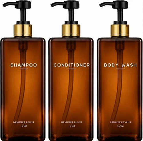 Brighter Barns - Dispensador de champú y acondicionador ámbar – Botella de gel corporal vacía con bomba – Dispensador de champú recargable para