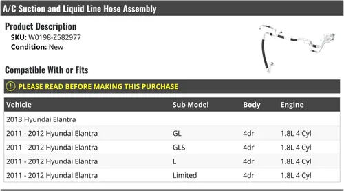 Conjunto de manguera de aspiración y línea de líquido de A/C - Compatible con Hyundai Elantra 2011-2013 de 4 puertas 1.8L 4 cilindros