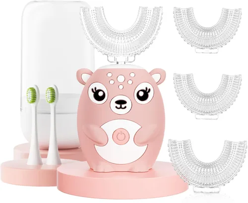 Vista 6 de Cepillo de dientes eléctrico en forma de U para niños, cepillo de dientes automático sónico de dibujos animados con 4 cabezales de cepillo, boca