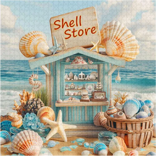 Vista 2 de Rompecabezas de conchas marinas para adultos de 1000 piezas, rompecabezas de arte de estrellas de mar de playa, rompecabezas desafiante del océano