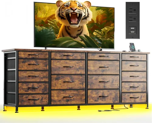 Soporte de TV de 63 pulgadas de ancho para dormitorio con luz LED y tomas de corriente, cómoda larga con 18 cajones profundos para TV de 65, 70, 75