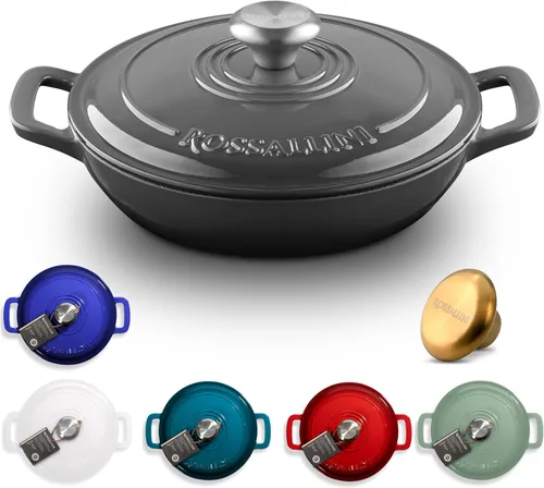 Vista 10 de ROSSALLINI Brasera de Hierro Fundido Esmaltada Signature, Olla de Servir Antiadherente con Tapa de Cierre Hermético para Asado Perfecto, Horneado