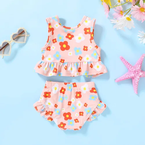 Vista 3 de YOUNGER TREE Traje de baño de verano para niñas pequeñas, sin mangas, traje de baño a rayas, traje de dos piezas, bikini