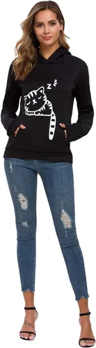 Vista 4 de Sudadera con capucha sin botones para mujer, diseño de gato con orejas de gato