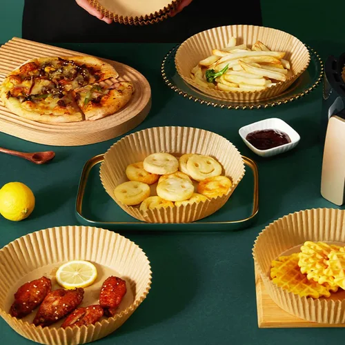 Vista 5 de Forro de papel desechable para freidora de aire, 100 piezas de papel pergamino natural de 6.3 pulgadas para freidora de aire, a prueba de aceite