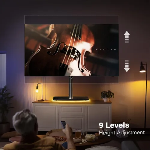 Vista 2 de Soporte Universal de TV de Mesa con Enchufe Eléctrico para Monitores OLED LED de 50-90 Pulgadas, 9 Niveles de Ajuste de Altura, Iluminación