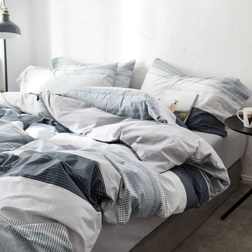 Vista 4 de Juego de funda de edredón tamaño individual, 100% algodón, gris, azul, blanco, estampado a rayas, 3 piezas