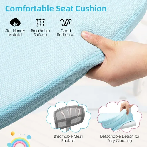 Vista 4 de POWERSTONE Silla de escritorio para niños, silla de computadora de malla ajustable con reposabrazos, cojín suave y silla de oficina giratoria de Azul