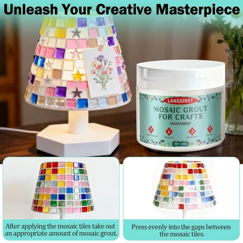 Vista 4 de Lechada de mosaico de 9 onzas, kit de lechada de mosaico con purpurina, arena de cristal transparente, fórmula impermeable, fácil de aplicar