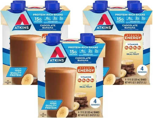 Atkins Batido de proteína de plátano y chocolate, 0.55 onzas de proteína, bajo índice glucémico, 0.18 onzas de carbohidratos netos, 0.07 oz de