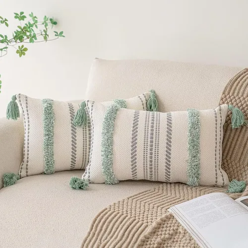 Vista 15 de Juego de 2 fundas de almohada bohemias de 18 x 18 pulgadas, fundas de almohada tejidas con mechones estilo granja con borlas y rayas texturizadas