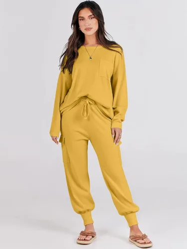 Vista 5 de Caracilia Conjunto de dos piezas para mujer, suéter de punto de manga larga y pantalones deportivos tipo cargo