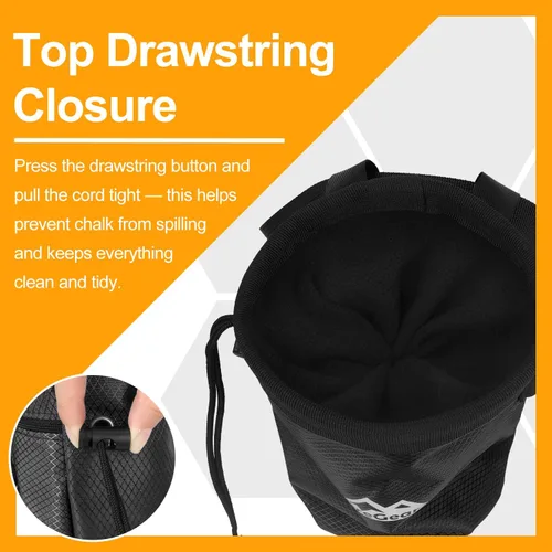 Vista 6 de supregear Bolsa de tiza para escalada en roca, bolsillo grande con cremallera con soporte para cepillo, cierre de cordón y clip de mosquetón, ideal