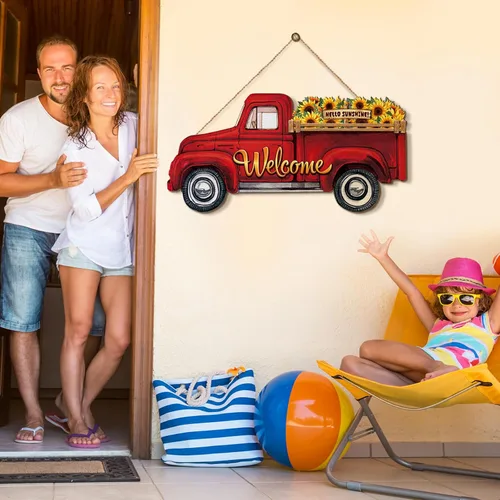 Vista 5 de Ferraycle 13 piezas intercambiables de bienvenida, decoración de camión rojo, decoración rústica de casa de campo con 12 letreros navideños