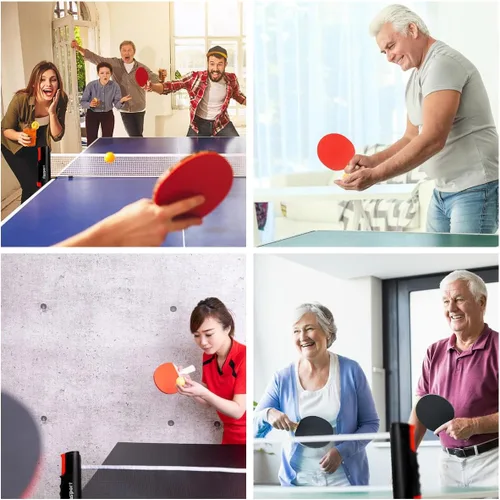 Vista 7 de FBSPORT Set de palas de ping pong, juego de tenis de mesa con 4 raquetas y 8 bolas, red retráctil con bolsa de almacenamiento - accesorios de pala