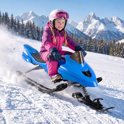 Vista 7 de GYMAX Trineo Snow Racer, trineo con manijas de dirección, frenos Azul