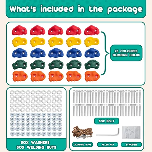 Vista 7 de CMOOD Presas de Escalada en Roca, Pared de Escalada en Roca para Niños, Kit de Escalada de Pared de Roca para Parque Infantil Interior y Exterior