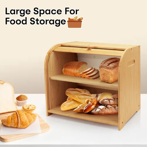 Vista 3 de Panera para Encimera de Cocina, Contenedor de Almacenamiento de Pan de Bambú de Doble Capa para Pan Casero, Panera con Tapa Enrollable con 3 Alturas