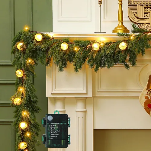 Vista 13 de Ceenna Guirnalda de Cedro de Navidad Preencendida de 6.2 Pies con Luces, Guirnalda de Pino Artificial, Decoraciones Navideñas con Adornos de Bolas