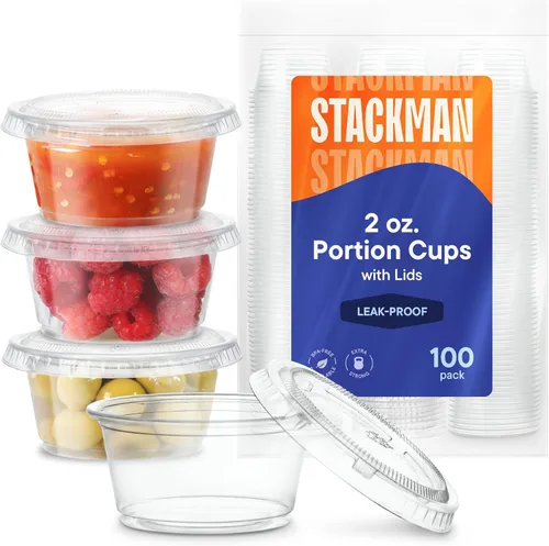 Mini vasos de plástico para soufflé con tapas [2 oz - 100 juegos] Vasos para shots de gelatina - Vaso de 2 oz, recipientes pequeños para condimentos