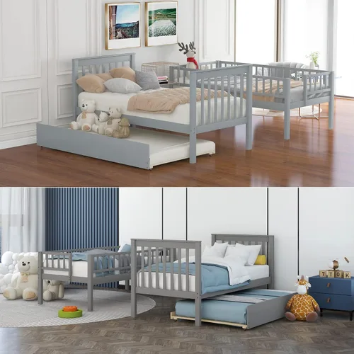 Vista 133 de Harper & Bright Designs Litera de tamaño matrimonial sobre matrimonial con 3 cajones, litera de madera maciza con almacenamiento y riel