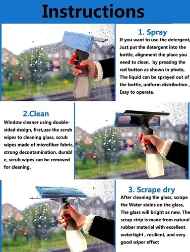 Vista 6 de Limpiador de ventanas 3 en 1, limpiador de ventana de microfibra, herramienta de limpieza de vidrio con botella rociadora para ventana del hogar