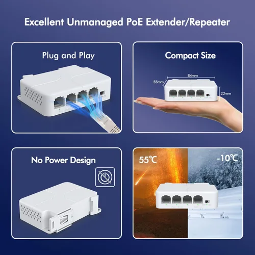 Vista 5 de YuanLey Extensor PoE de 4 puertos con 3 salidas PoE, IEEE 802.3af/at Mini 4 canales repetidor 100Mbps, interruptor de paso a través de montaje