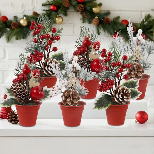 Vista 9 de winemana Mini decoraciones de mesa de árbol de Navidad, 6 piezas de árbol artificial pequeño con piñas y bayas rojas, centro de mesa navideño