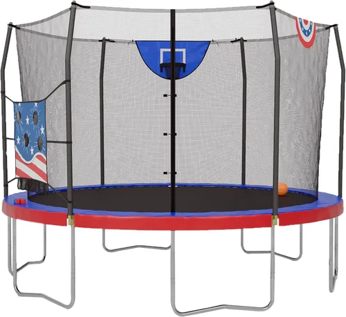 Vista 14 de Skywalker Trampolines Cama elástica al aire libre de 8 pies, 12 pies, 15 pies Jump N’ Dunk redonda con red, colchón de trampoline y aro
