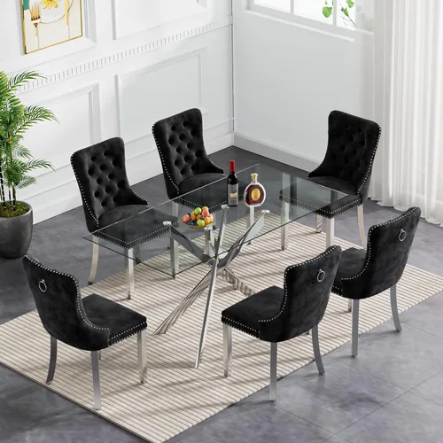 Vista 44 de SSLine Moderno juego de mesa de comedor de cristal dorado de 5 piezas para 4 mesas de cocina y sillas rectangulares de lujo de vidrio para 4, mesa