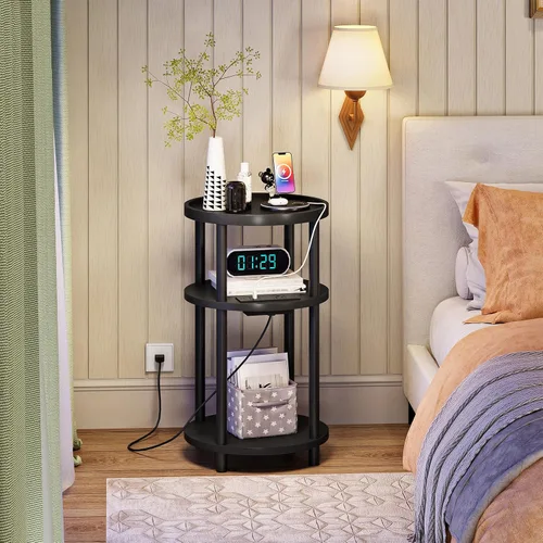 Vista 6 de HOOBRO Mesa auxiliar redonda pequeña con estación de carga, mesa auxiliar redonda de bambú de 3 niveles, mesa de noche compacta para sofá