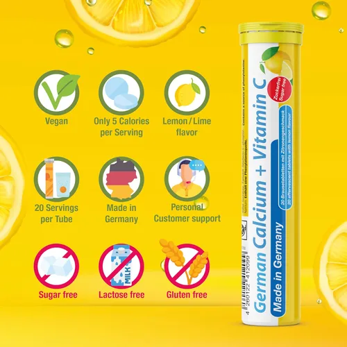 Vista 5 de Calcio alemán + VIT. C - 40 tabletas efervescentes de bebida vegana - Sabor limón y lima - Hecho en Alemania