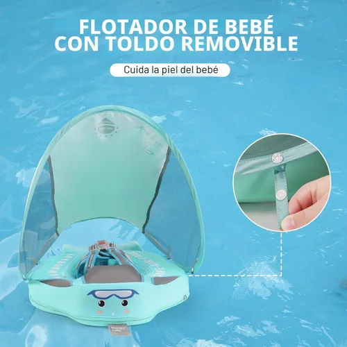 Vista 4 de Flotadores para bebé para piscina con dosel toldo de protección solar extraíble Mambobaby Float No Inflable Mejora Añadir cola Evitar Voltear Azul