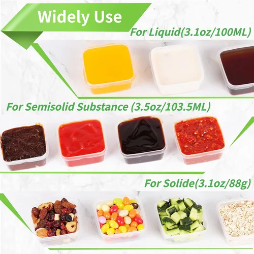 Vista 5 de Recipientes de 4 onzas y 2 onzas con tapas (paquete de 200), pequeños recipientes de plástico para condimentos con tapas, vasos de gelatina, tazas