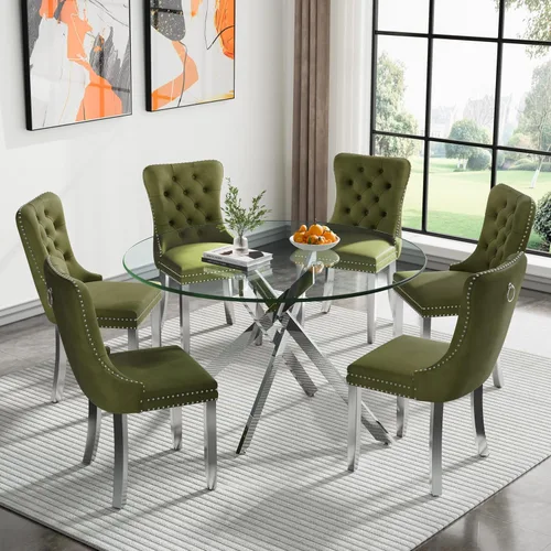 Vista 50 de Juego de mesa de comedor de cristal dorado moderno de 47 pulgadas para 2, juego de mesa de comedor de cocina redonda de 3 piezas con patas cruzadas