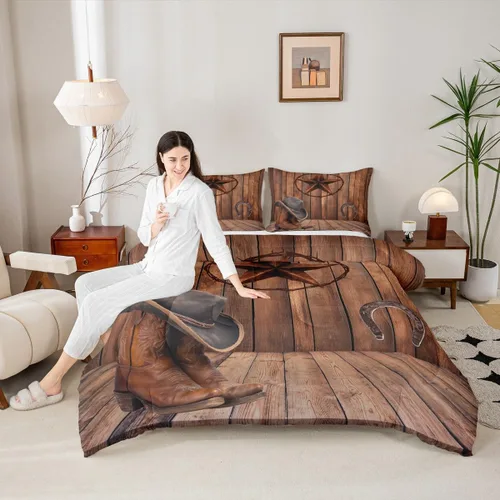 Vista 12 de Manfei Juego de edredón geométrico azteca, tamaño individual, juego de ropa de cama de cactus, vaquera occidental, decoración de habitación de niños
