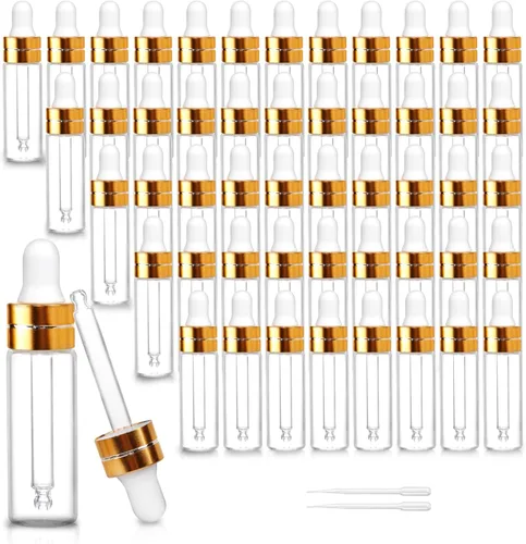 Vista 10 de Paquete de 50 botellas cuentagotas de vidrio transparente de 0.0 fl oz con 2 cuentagotas de plástico, mini botellas cuentagotas de muestra