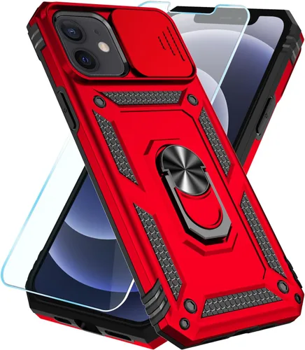 SunStory Funda compatible con iPhone 12/12 Pro con protector de pantalla HD, cubierta de cámara deslizante y soporte de anillo giratorio, [grado Rojo
