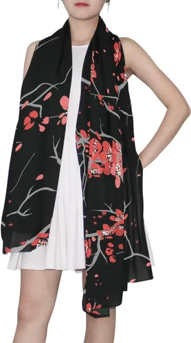 Vista 6 de Alaza - Bufanda larga de seda para mujer con diseño de flor de cerezo, color rojo