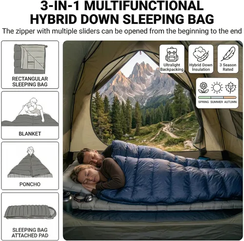 Vista 3 de ATEPA 3-in-1 Hybrid Down Sleeping Bag for Adults, Lightweight 3 Season Wearable Backpacking Sleeping Bag with Pad Attachment & Compact Compression